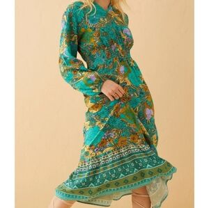 Nia Green Floral Long Sleeve Drop Waist Sundress Size Small